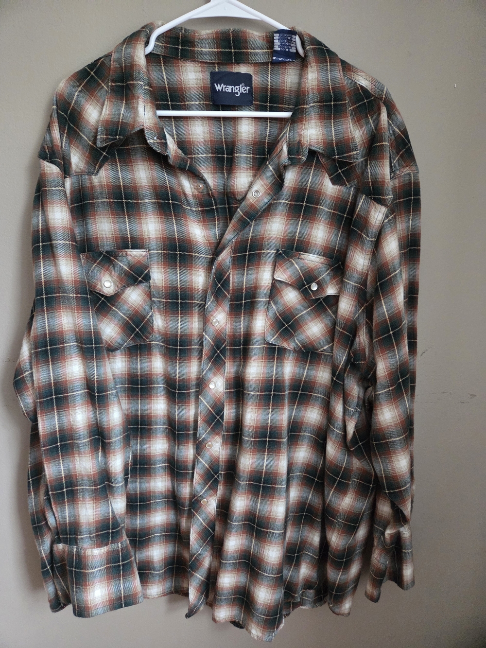 Wrangler Men’s 3XL Plaid Western Pearl Snap Flannel Shirt 100% Cotton